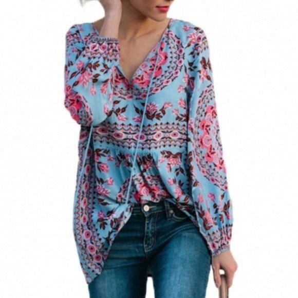 Blue Bohemian Print Tassel Tie V Neck Blouse - Picture 7 of 8